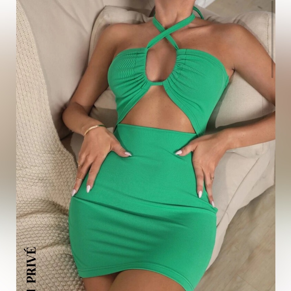 Green SHEIN Privé Halterneck Tied Backless Cut-out Bodycon Dress- Size XS